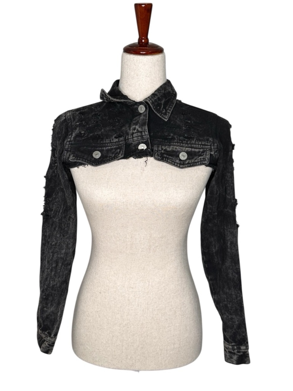 Thrill Vintage Y2K Cropped Black Distressed Trashed Denim Bolero Jacket Grunge S